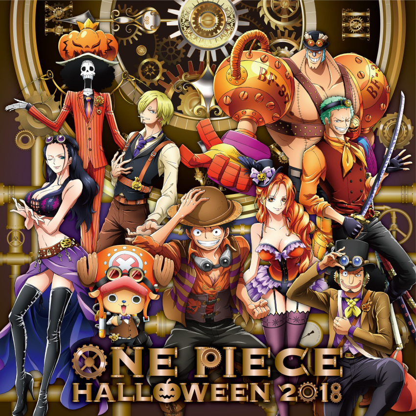 6+boys bare_arms bare_shoulders belt black_eyes black_hair blonde_hair blue_eyes blue_hair breasts brook brown_eyes cigarette cleavage closed_mouth copyright_name cyborg formal franky gears goggles goggles_on_headwear grin halloween hand_on_headwear hat high_heels highres holding holding_weapon katana large_breasts long_hair monkey_d_luffy multiple_boys multiple_girls nami_(one_piece) navel nico_robin official_art one_piece open_mouth orange_hair promotional_art pumpkin_hat roronoa_zoro sanji skeleton smile source_request straw_hat straw_hat_pirates suit sword thighhighs tony_tony_chopper usopp waistcoat weapon
