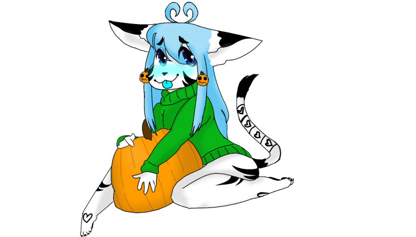 :3 alpha_channel anthro aqua_hair blue_blush blush bottomless clothed clothing cute feline food fruit fur green_turtleneck halloween holidays mammal markings nicholas_c._corbin pumpkin simple_background solo tongue tongue_out transparent_background trinity_night turtleneck white_fur