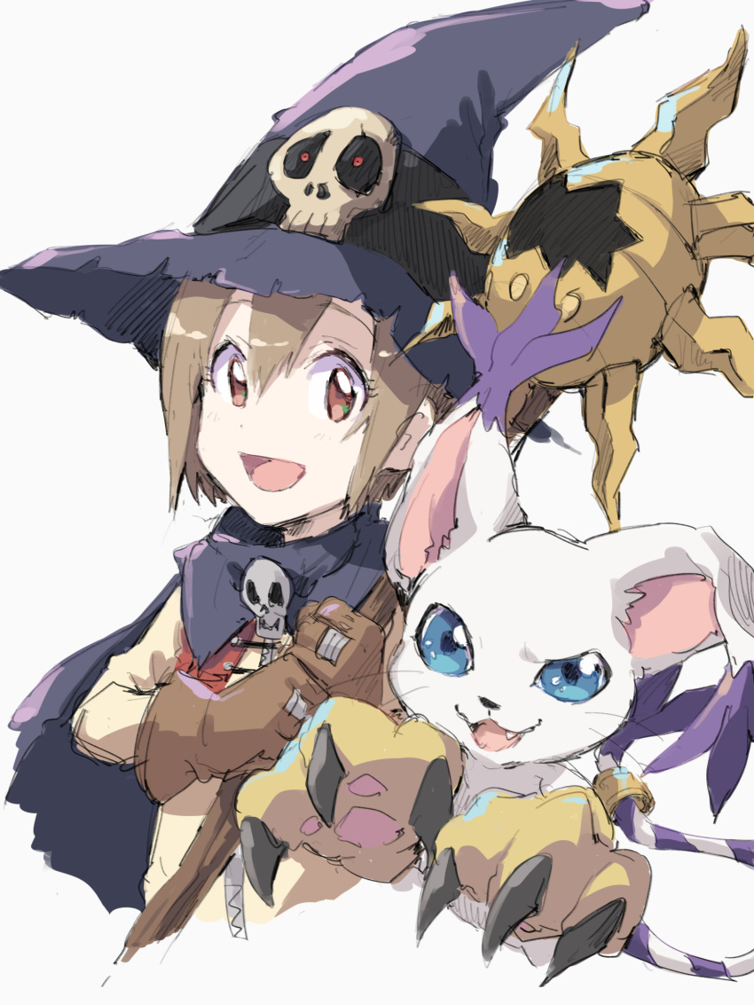 :d blue_eyes brown_eyes brown_gloves brown_hair cosplay digimon fang gloves hair_between_eyes hat highres holding holding_staff looking_at_viewer open_mouth purple_capelet purple_hat short_hair simple_background sketch smile staff tailmon takase_(takase1214) white_background witch_hat wizarmon wizarmon_(cosplay) yagami_hikari