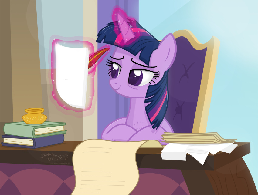 2018 book chair equine feathers female feral friendship_is_magic hair horn inside loose_feather magic mammal multicolored_hair my_little_pony paper quill shutterflyeqd smile solo table tired twilight_sparkle_(mlp) unicorn unicorn_horn writing_(disambiguation)