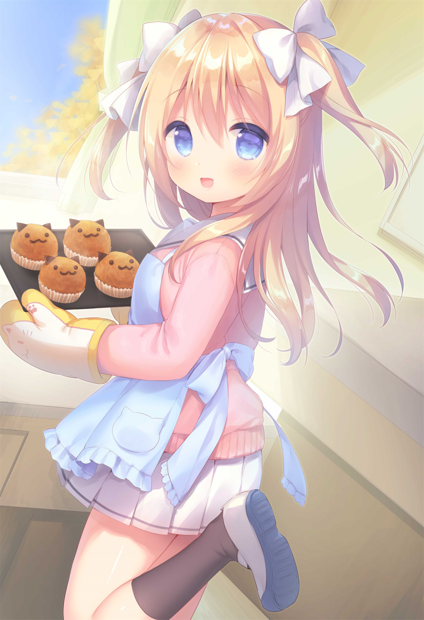 :d animal_print apron bangs black_legwear blonde_hair blue_apron blue_eyes blush bow cat_print cupcake day emori_el emori_miku_project eyebrows_visible_through_hair fang food frilled_apron frills from_side hair_between_eyes hair_bow highres holding holding_tray indoors kneehighs leg_up long_hair long_sleeves looking_at_viewer miniskirt official_art open_mouth oven_mitts pink_sweater pleated_skirt sailor_collar school_uniform serafuku shoe_soles shoes skirt smile solo standing standing_on_one_leg sweater themed_object tray two_side_up usashiro_mani uwabaki white_bow white_footwear white_sailor_collar white_skirt window