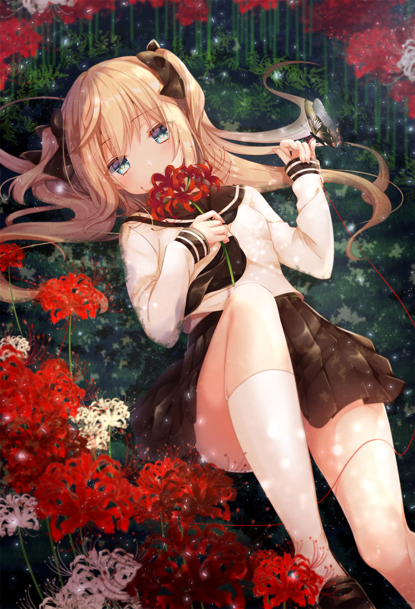 black_bow black_skirt blonde_hair blue_eyes blurry blush bow breasts butterfly_on_finger butterfly_on_hand convenient_leg covering_mouth depth_of_field emori_el emori_miku_project eyebrows_visible_through_hair fingernails flower gomano_rio hair_bow hand_on_own_chest highres holding holding_flower knee_up kneehighs loafers long_hair long_sleeves looking_at_viewer lying miniskirt neckerchief official_art on_back on_grass outdoors pleated_skirt red_flower red_string school_uniform serafuku shirt shoes skirt sleeves_past_wrists small_breasts solo spider_lily string two_side_up white_legwear white_shirt