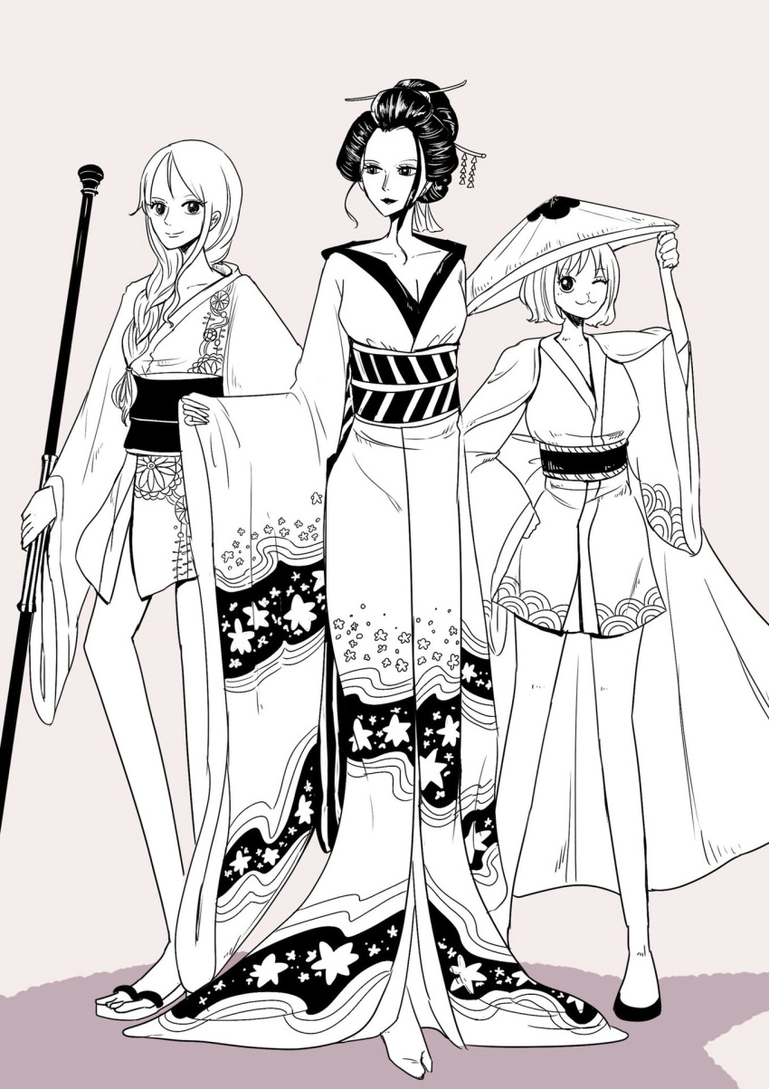 3girls carrot_(one_piece) japanese_clothes kimono long_hair multiple_girls nami_(one_piece) nico_robin one_piece smile