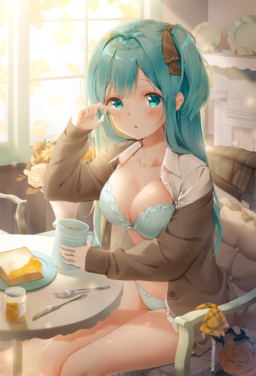 :o aqua_bra aqua_eyes aqua_hair aqua_panties armchair backlighting bangs black_ribbon blush bouquet bow bow_bra bow_panties bowtie_removed bra bread breasts brown_cardigan cardigan chair chestnut_mouth cleavage collarbone collared_shirt cup cushion day dress_shirt emori_miku emori_miku_project eyebrows_visible_through_hair flower food fork hair_ornament hair_ribbon hand_up highres holding holding_cup honey indoors jar knife light_particles long_hair long_sleeves looking_at_viewer medium_breasts mug no_pants official_art one_side_up open_clothes open_shirt orange_flower orange_rose panties parted_lips plaid plaid_bow plaid_skirt plate pleated_skirt ribbon ribbon-trimmed_bra rose rubbing_eyes school_uniform shiratama_akane shirt sitting skirt skirt_removed solo striped striped_ribbon table toast underwear vase white_flower white_rose white_shirt window wing_collar yellow_bow