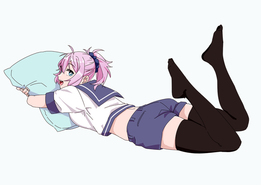 :d aoba_(kantai_collection) aqua_eyes aqua_pillow ass bangs black_legwear breasts commentary_request crop_top eyebrows_visible_through_hair eyes_visible_through_hair feet film_grain full_body grey_background hair_ornament hair_scrunchie happy high-waist_shorts hips kantai_collection large_breasts legs legs_up looking_at_viewer lying no_shoes ojipon on_stomach open_mouth partial_commentary pillow pillow_hug pink_hair ponytail purple_sailor_collar purple_shorts raised_eyebrows sailor_collar scrunchie shiny shiny_hair shirt short_hair short_shorts short_sleeves shorts simple_background skindentation sleeve_cuffs smile soles solo stomach thighhighs toes white_pupils white_shirt