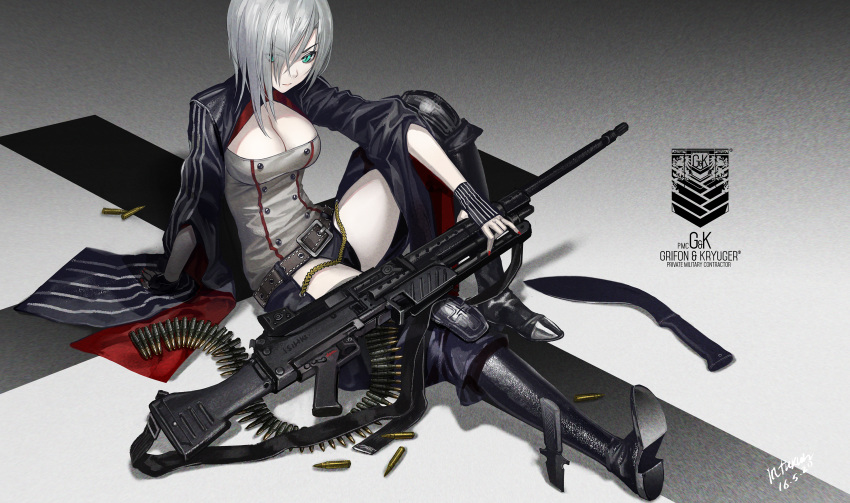 :| ammunition_belt arm_support artist_name belt black_footwear boots breasts buckle bullet buttons chaps cleavage cleavage_cutout closed_mouth dated english eyebrows eyes_visible_through_hair fingerless_gloves from_above girls_frontline gloves green_eyes gun hair_between_eyes hair_over_one_eye highres infukun knee_boots knee_pads knife kukri large_breasts leg_up lips machine_gun mg5 mg5_(girls_frontline) nail_polish silver_hair sitting solo text_focus v-shaped_eyebrows weapon wide_sleeves
