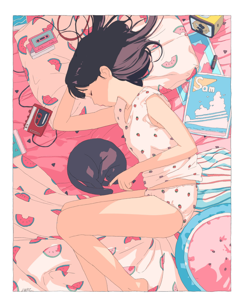 absurdres aorkgk bangs black_cat black_hair camisole cassette_player cassette_tape cat clock closed_eyes food_print headphones highres legs_together lipstick_tube looking_to_the_side lying magazine messy_hair nail_polish on_bed original panties pillow print_panties sleeping strawberry_panties strawberry_print underwear watermelon_print white_camisole white_panties