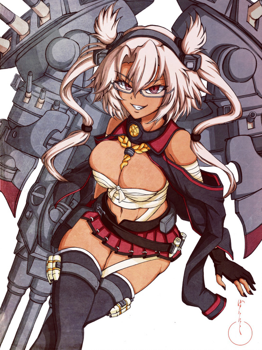 bandages black_gloves black_legwear blonde_hair breasts budget_sarashi cannon capelet cartridge cleavage collar commentary dark_skin fingerless_gloves glasses gloves hair_between_eyes headgear highres kantai_collection large_breasts light_brown_hair machinery miniskirt musashi_(kantai_collection) partly_fingerless_gloves pointy_hair red_eyes sarashi semi-rimless_eyewear short_hair_with_long_locks signature simple_background sitting skirt smile smokestack solo thighhighs turret twintails two_side_up under-rim_eyewear vann_nico3