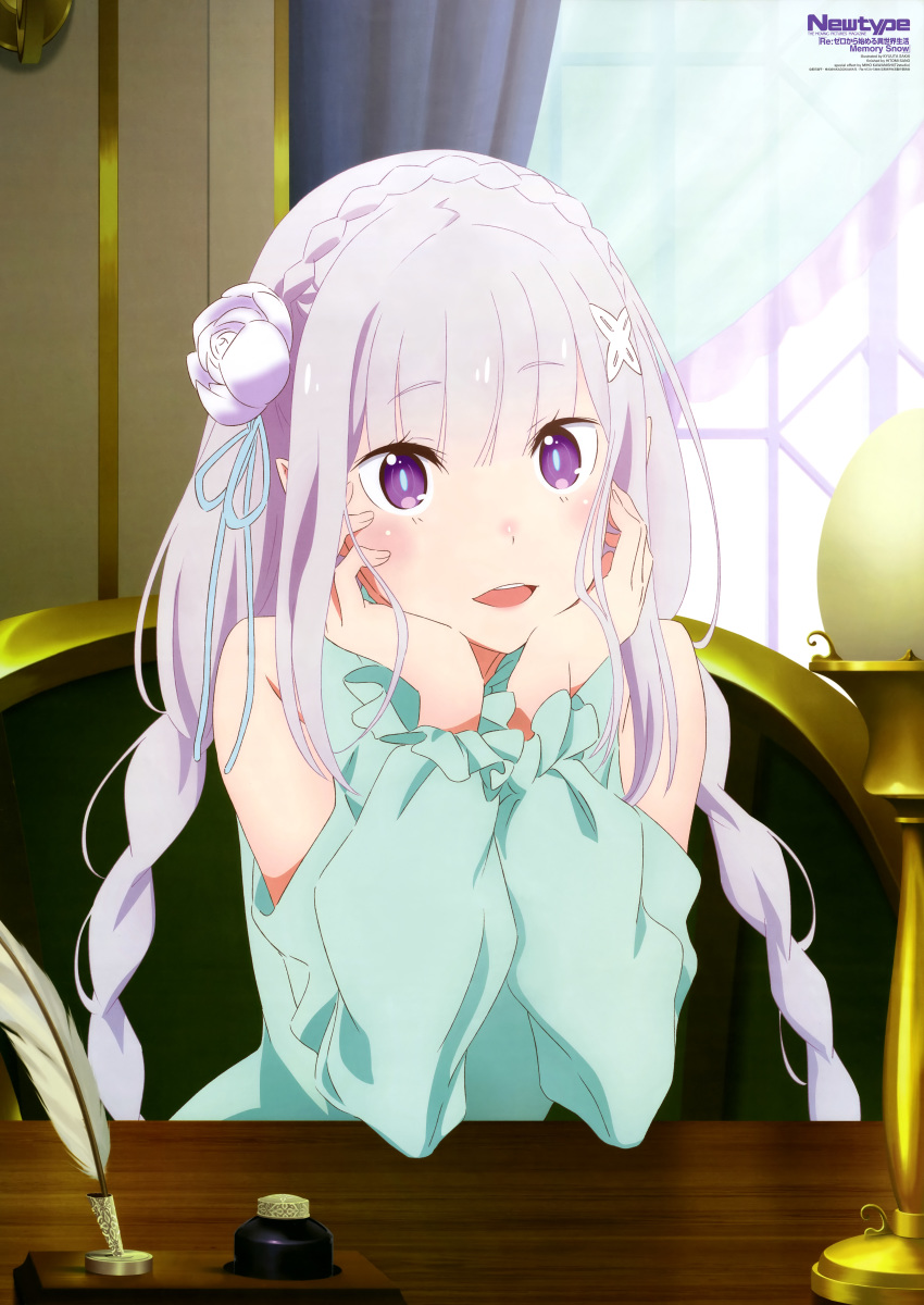 absurdres blush braid bright_pupils crown_braid emilia_(re:zero) eyebrows_visible_through_hair flower green_ribbon hair_between_eyes hair_flower hair_ornament hair_ribbon hands_on_own_cheeks hands_on_own_face highres lavender_hair long_hair looking_at_viewer magazine_scan newtype official_art open_mouth pointy_ears purple_eyes re:zero_kara_hajimeru_isekai_seikatsu ribbon sakai_kyuuta scan smile solo twin_braids