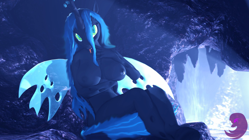 2018 3d_(artwork) absurd_res anthro anthrofied areola breasts cave changeling digital_media_(artwork) female friendship_is_magic green_eyes hi_res hooves horn insect_wings my_little_pony nipples queen_chrysalis_(mlp) sitting slit_pupils solo source_filmmaker thevioletghost wings
