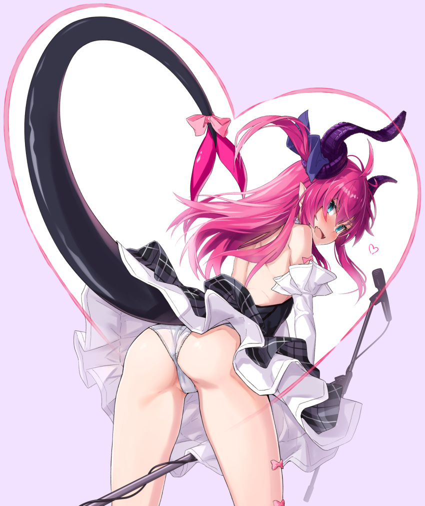 aqua_eyes ass asymmetrical_horns bangs blue_eyes blush claws commentary_request corset cowboy_shot curled_horns detached_sleeves dragon_girl dragon_horns dragon_tail dress elizabeth_bathory_(fate) elizabeth_bathory_(fate)_(all) eyebrows_visible_through_hair fangs fate/extra fate/extra_ccc fate/grand_order fate_(series) from_behind hair_between_eyes highres horns long_hair looking_at_viewer microphone microphone_stand open_mouth panties pantyshot pink_hair plaid plaid_skirt pointy_ears short_dress skirt solo tail takanashi_kei_(hitsujikan) thighs two_side_up underwear white_panties