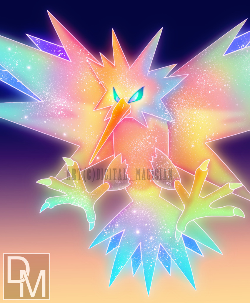 bad_tumblr_id colorful digital_magician gen_1_pokemon glowing glowing_eyes highres legendary_pokemon no_humans outstretched_legs pokemon pokemon_(creature) solo spread_toes spread_wings talons watermark zapdos