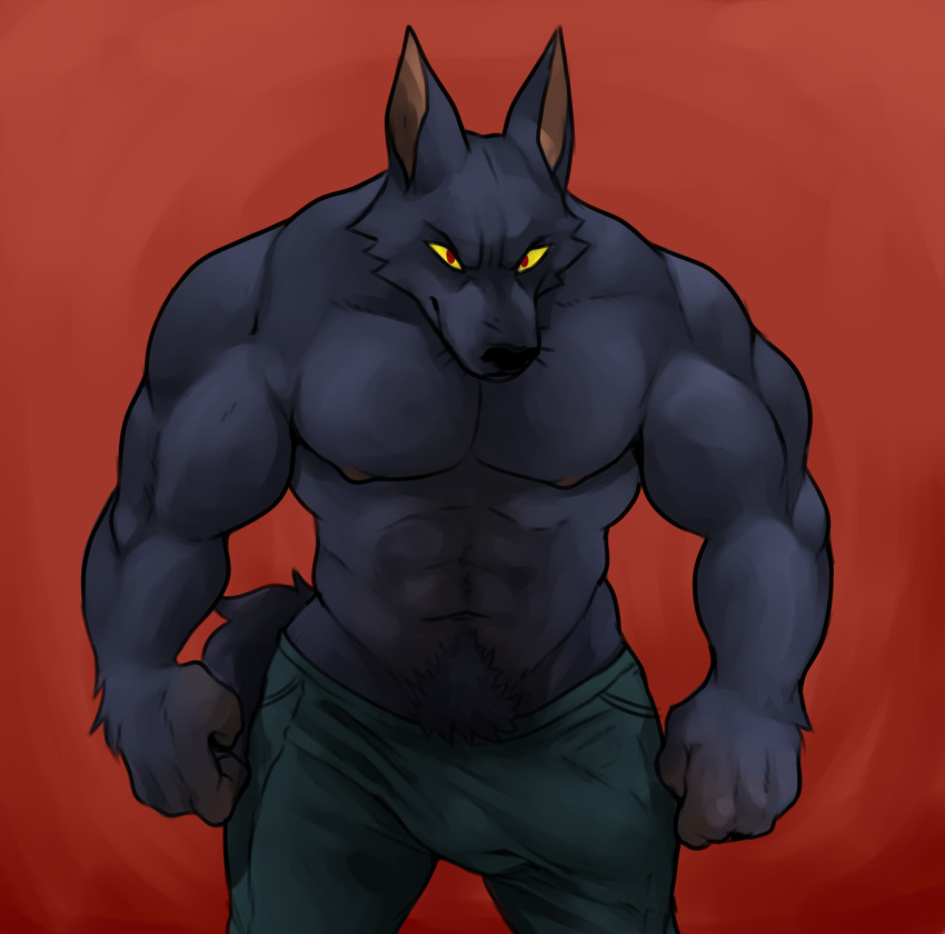 &lt;3 2018 body_hair bulge canine glitter_trap_boy happy_trail mammal muscular simple_background were werewolf wolf yellow_eyes