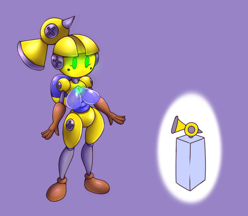 2018 android anthro breasts elfdrago f.l.u.d.d. featureless_breasts female glowing glowing_eyes green_eyes humanoid machine mario_bros nintendo not_furry ponytail robot simple_background solo super_mario_sunshine video_games water