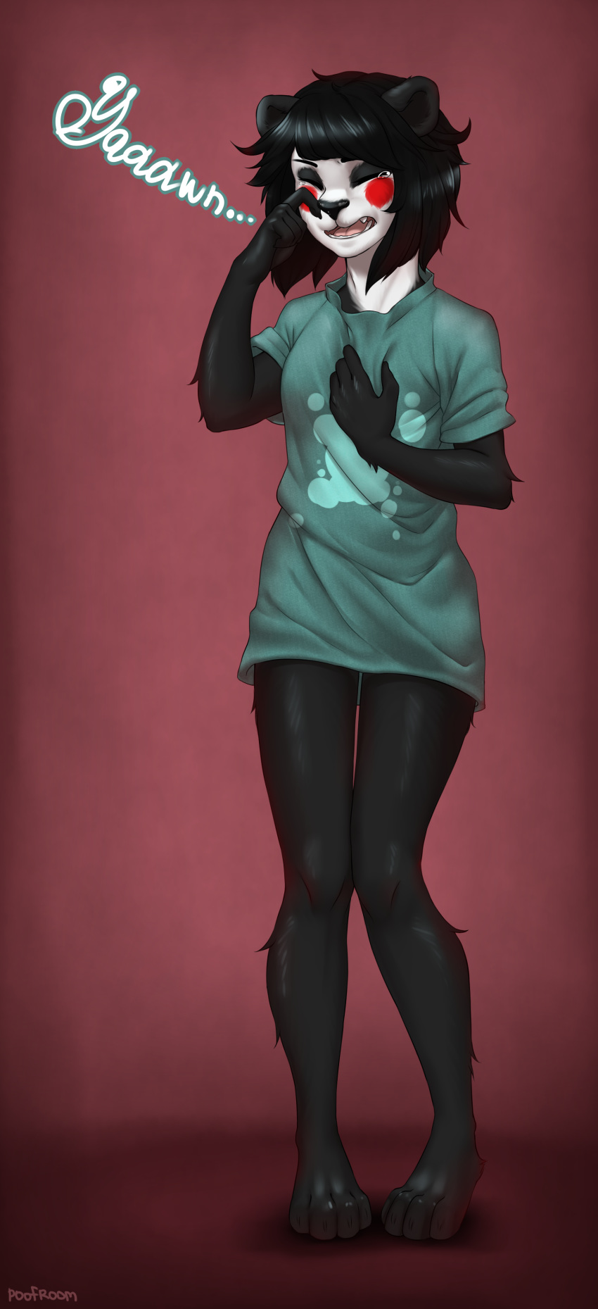 2017 5_fingers anthro bear black_fur black_hair clothed clothing digital_media_(artwork) eyes_closed female fur hair mammal open_mouth panda poof-poof poofroom red_background simple_background solo teeth tongue