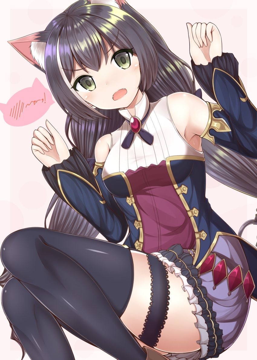 absurdres animal_ears armpits bare_shoulders black_hair cat_ears commentary_request detached_sleeves eyebrows_visible_through_hair gem green_eyes highres kyaru_(princess_connect) long_hair long_sleeves low_twintails masa_masa multicolored_hair open_mouth princess_connect! princess_connect!_re:dive simple_background solo streaked_hair tail thighhighs twintails very_long_hair white_hair