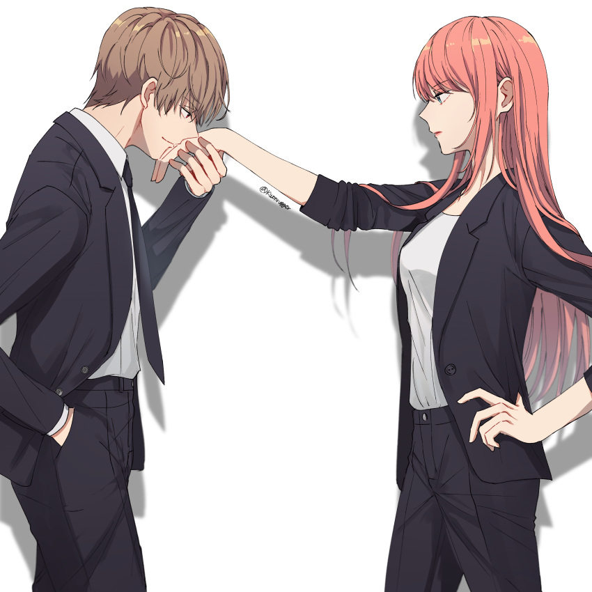 1girl absurdres black_jacket black_neckwear black_pants blue_eyes brown_hair from_side gintama grey_shirt hand_in_pocket hand_kiss hand_on_hip highres jacket kagura_(gintama) kiss kwonrugger long_hair necktie okita_sougo open_clothes open_jacket orange_hair pants shiny shiny_hair shirt simple_background smile white_background