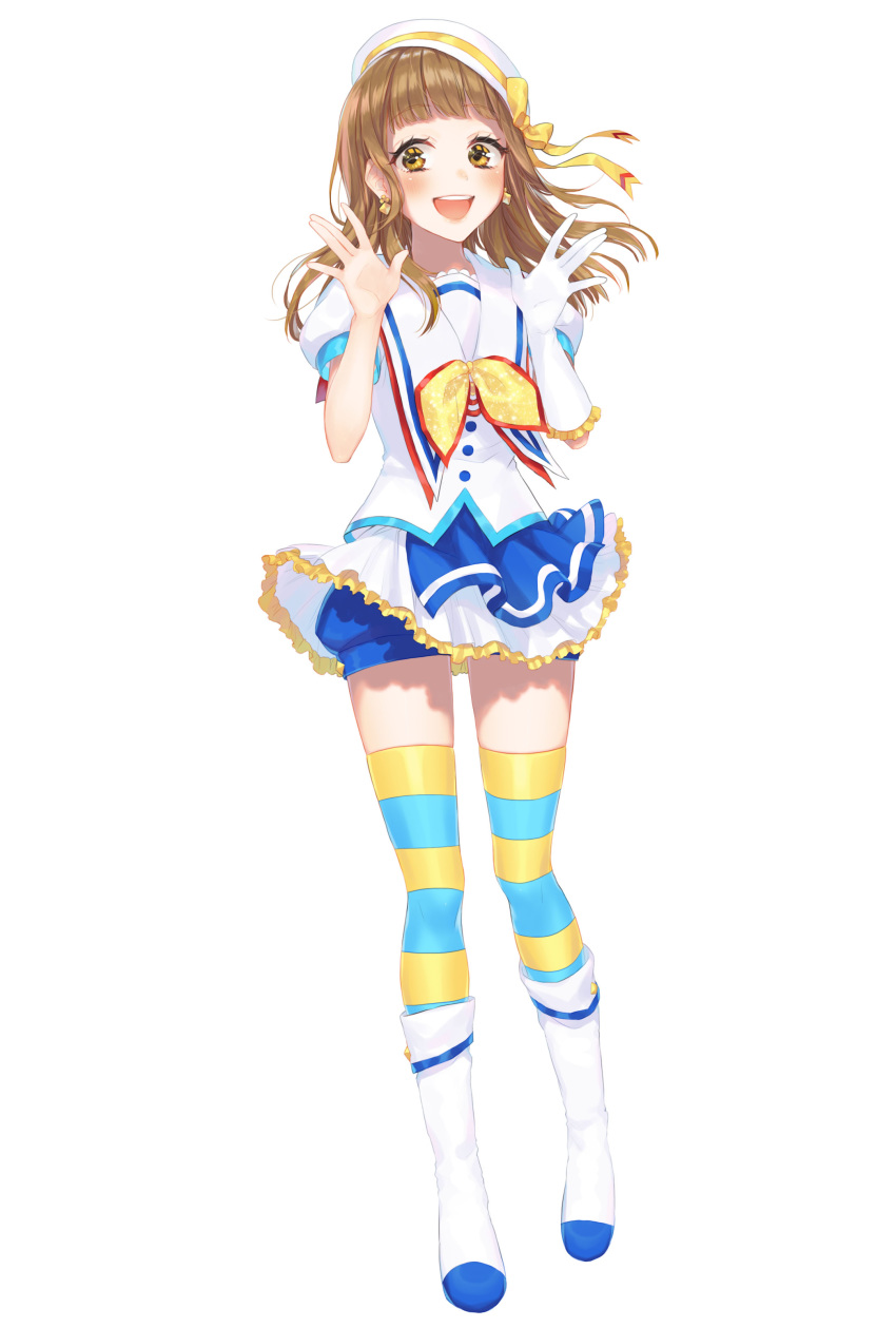 :d absurdres aozora_jumping_heart asymmetrical_gloves blue_shorts blush boots bow brown_eyes brown_hair earrings floating_hair frilled_gloves frilled_skirt frills full_body gloves hat hat_bow hat_ribbon highres idol jewelry knee_boots long_hair looking_at_viewer love_live! love_live!_sunshine!! miniskirt open_mouth original pleated_skirt ribbon shirt short_shorts short_sleeves shorts shorts_under_skirt simple_background single_glove skirt smile solo standing striped striped_legwear sudach_koppe thighhighs white_background white_footwear white_gloves white_hat white_shirt white_skirt yellow_bow yellow_ribbon zettai_ryouiki