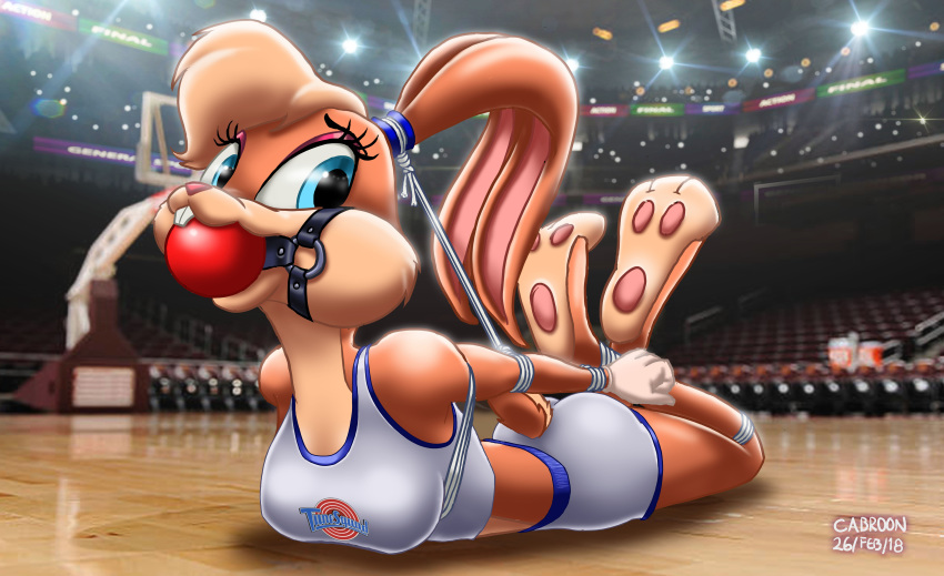 2018 absurd_res anthro arms_tied ball_gag basketball_court bdsm blonde_hair blue_eyes blurred_background bondage bound breasts buckteeth butt cabroon clothed clothing eyelashes female fully_bound fully_clothed gag gagged gloves hair hairband harness_ball_gag hi_res hogtied lagomorph legs_tied lola_bunny looking_at_viewer looney_tunes mammal midriff muzzle_(object) pink_nose rabbit rope rope_bondage shirt short_hair shorts soles solo space_jam tank_top teeth warner_brothers