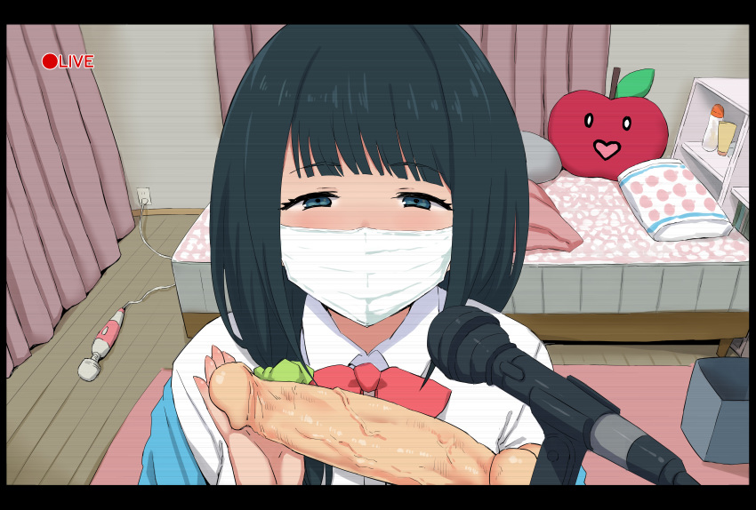 bedroom black_hair blue_eyes blush dildo go-m hassu highres hitachi_magic_wand livestream long_hair looking_at_viewer md5_mismatch microphone microphone_stand recording solo ssss.gridman surgical_mask