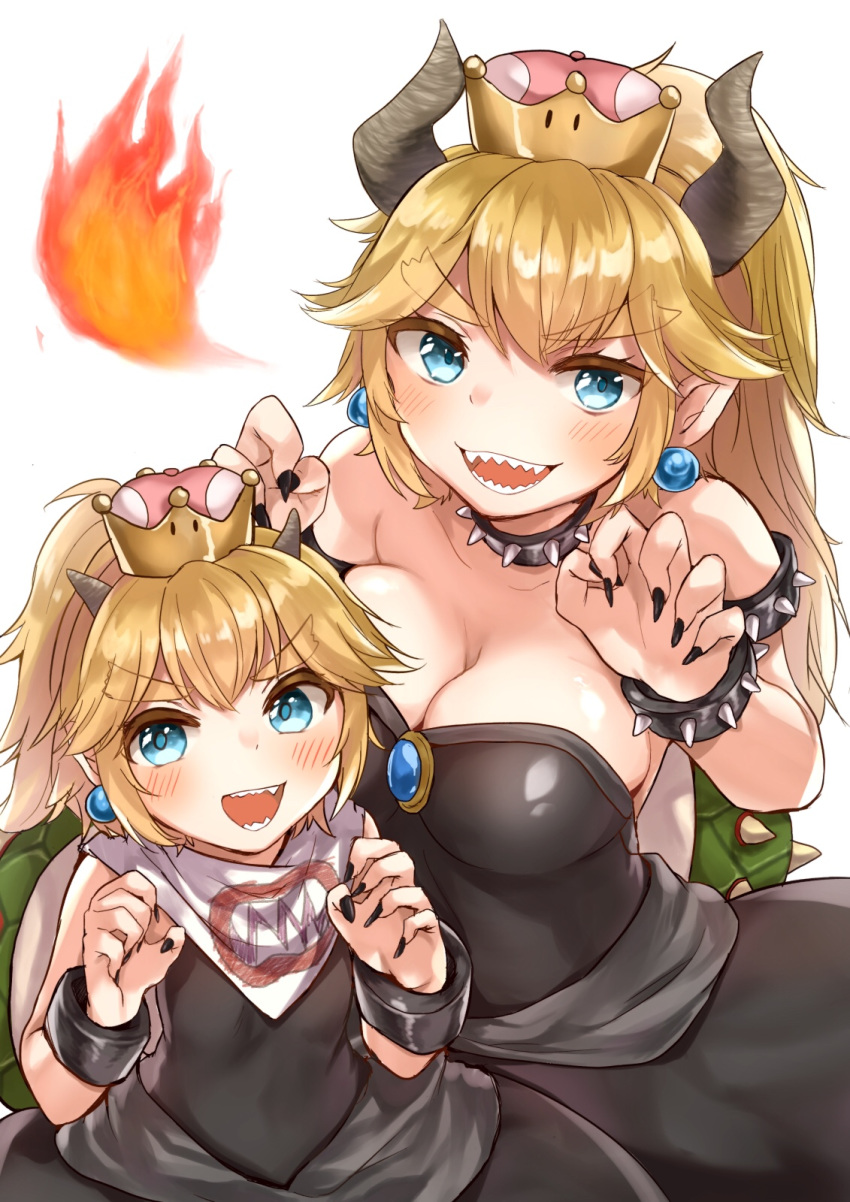 bandana bangs black_collar black_dress blonde_hair blush bowsette bowsette_jr. bracelet breasts breathing_fire brooch claw_pose cleavage collar commentary crown dress earrings eyebrows_visible_through_hair fingernails fire highres horns jewelry koretsuna long_hair looking_at_viewer mario_(series) medium_dress mother_and_daughter multiple_girls new_super_mario_bros._u_deluxe open_mouth pointy_ears sharp_fingernails sharp_teeth short_ponytail simple_background smile spiked_armlet spiked_bracelet spiked_collar spiked_shell spikes standing strapless strapless_dress super_crown teeth turtle_shell white_background