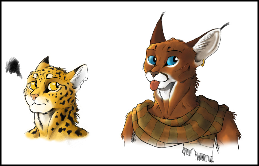 0laffson 2018 anthro black_nose blue_eyes caracal cheetah clothed clothing digital_media_(artwork) feline mammal pink_nose yellow_eyes