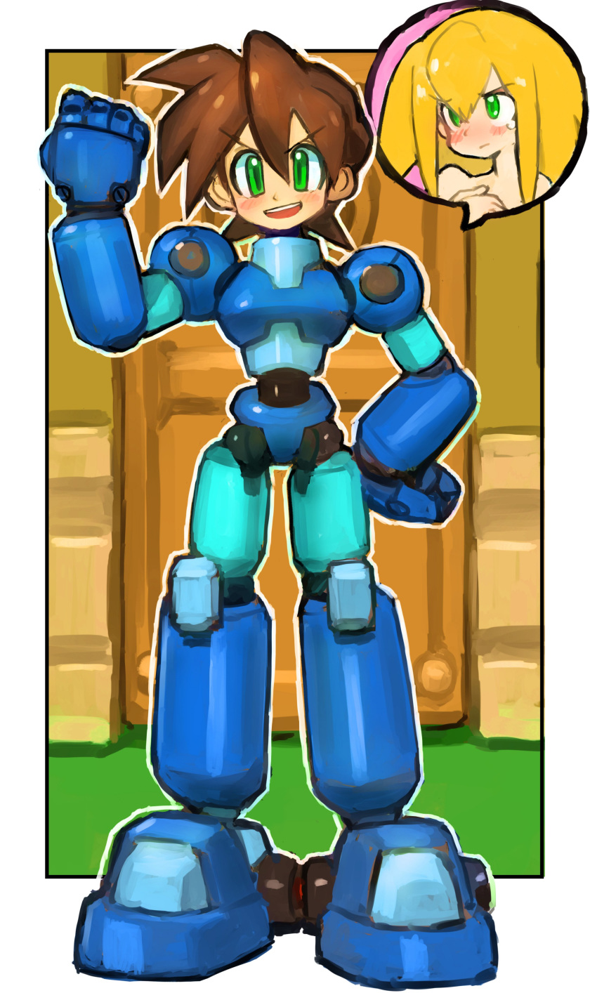 1girl absurdres android blonde_hair blush brown_hair capcom clenched_hand commentary_request dakusuta door embarrassed full_body green_eyes hair_between_eyes hand_on_hip highres open_mouth outside_border rock_volnutt rockman rockman_dash roll_caskett smile solo_focus standing