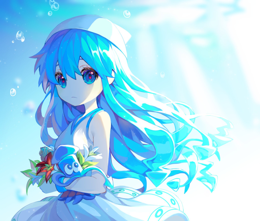 blue_eyes blue_hair bracelet breasts bubble closed_mouth dress expressionless flower ha_youn hat heart heart-shaped_pupils highres ikamusume jewelry looking_at_viewer shinryaku!_ikamusume sleeveless sleeveless_dress small_breasts solo squid squid_hat symbol-shaped_pupils tentacle_hair white_dress white_hat