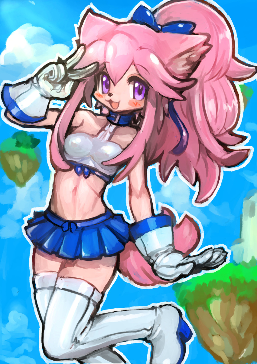 animal_ears bare_arms bare_shoulders blue_bow blue_skirt blush boots bow breasts cat_ears cat_girl chocolat_gelato cloud commentary_request dakusuta eyebrows_visible_through_hair floating_island gloves hair_between_eyes hair_bow hair_ornament high_ponytail highres leg_up long_hair midriff miniskirt navel open_mouth pink_hair ponytail purple_eyes race_queen salute skirt sky solatorobo solo tail thigh_boots thighhighs two-finger_salute white_footwear zettai_ryouiki