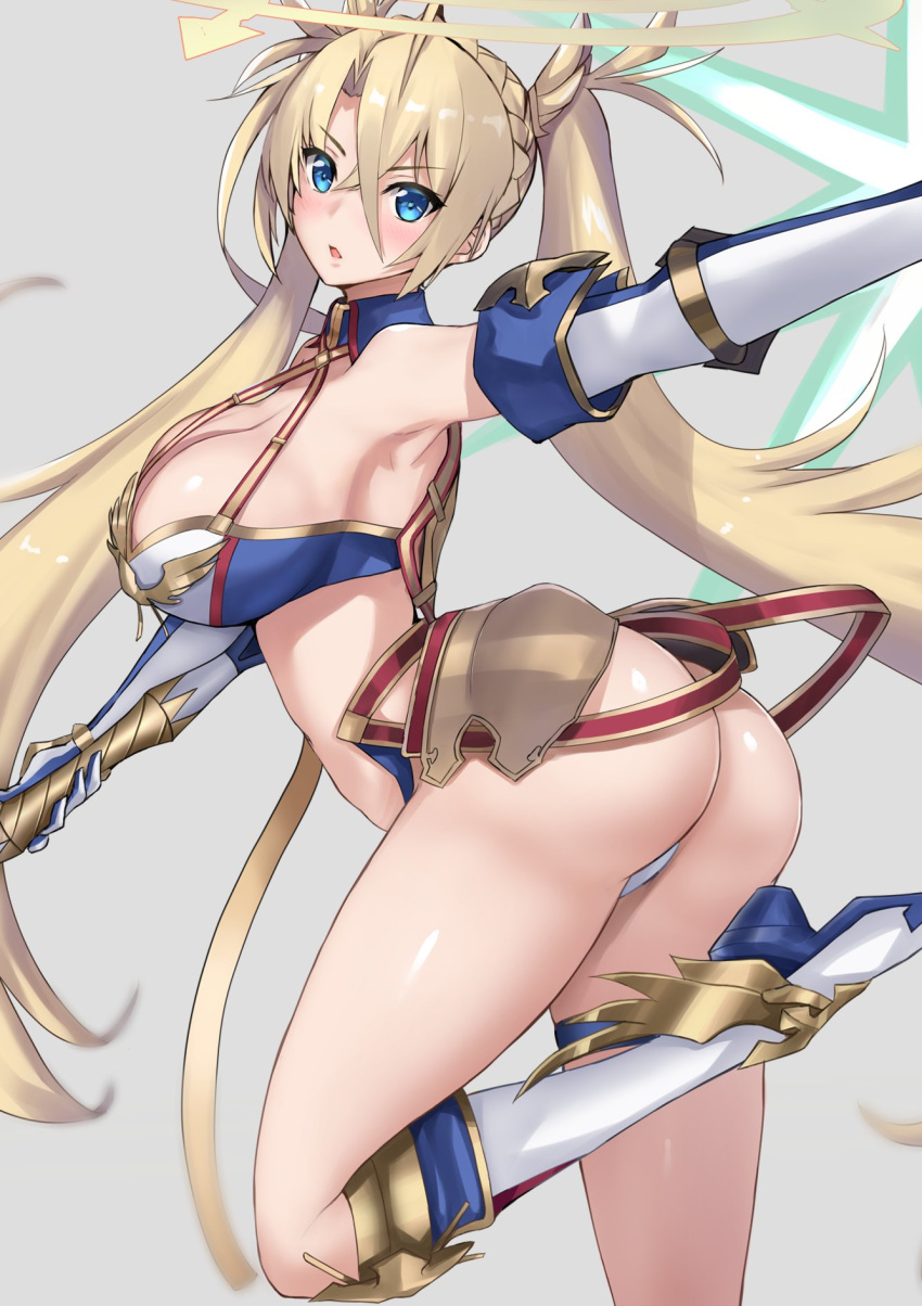 akatuki_ikki armpits ass blonde_hair blue_eyes blush boots bradamante_(fate/grand_order) braid breasts cleavage elbow_gloves fate/grand_order fate_(series) french_braid gloves hair_between_eyes hair_ribbon highres knee_boots large_breasts legs_folded long_hair looking_at_viewer open_mouth outstretched_arm ribbon simple_background solo twintails