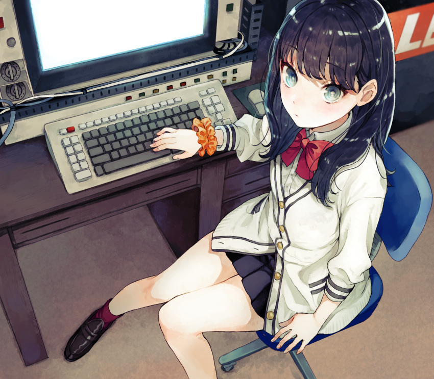 black_footwear black_hair blue_eyes bow bowtie cardigan chair commentary_request computer desk double_horizontal_stripe expressionless fingernails from_above highres indoors knees_together_feet_apart kurodeko loafers long_hair looking_at_viewer mousepad_(object) office_chair perspective pleated_skirt school_uniform scrunchie shiny shiny_hair shoes sitting skirt solo ssss.gridman takarada_rikka wrist_scrunchie