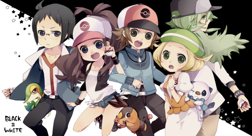 3boys :d ahoge baseball_cap bel_(pokemon) black_hair blonde_hair blue_eyes blue_jacket breasts brown_hair cheren_(pokemon) commentary_request gen_5_pokemon green_eyes hat jacket long_hair looking_at_viewer mata multiple_boys multiple_girls n_(pokemon) open_mouth oshawott poke_ball pokemon pokemon_(creature) pokemon_(game) pokemon_bw short_hair short_shorts shorts smile snivy tepig touko_(pokemon) touya_(pokemon)