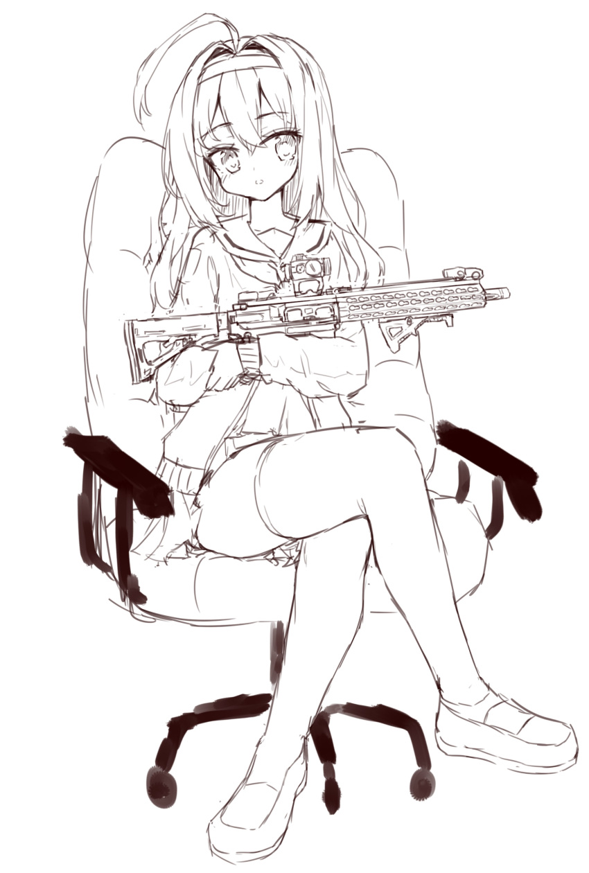 absurdres ahoge aimpoint ar-15 bangs blush chair commentary_request crossed_legs eyebrows_visible_through_hair full_body greyscale gun hair_between_eyes hair_intakes hairband head_tilt highres holding holding_gun holding_weapon jacket loafers long_hair long_sleeves magpul monochrome office_chair on_chair open_clothes open_jacket original parted_lips pleated_skirt rifle sailor_collar shoes simple_background sitting sketch skirt solo tandohark thighhighs weapon white_background