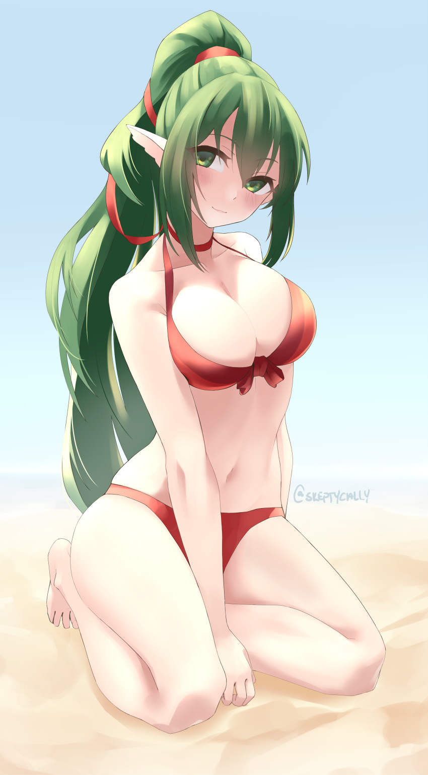 absurdres beach bikini blue_sky breasts chiki cleavage closed_mouth commentary fire_emblem fire_emblem:_kakusei fire_emblem:_monshou_no_nazo fire_emblem_heroes full_body green_eyes green_hair hair_ribbon highres long_hair mamkute medium_breasts navel outdoors pointy_ears ponytail red_bikini ribbon skeptycally sky solo swimsuit twitter_username