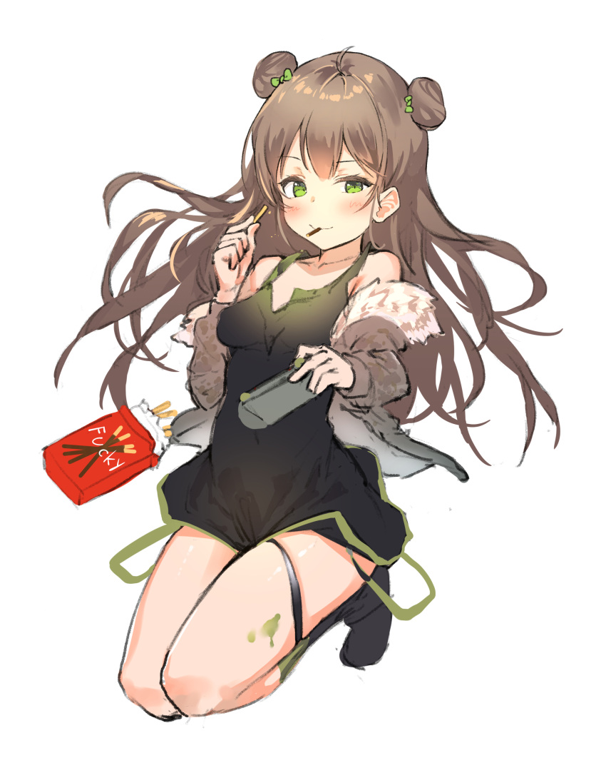 aak absurdres ahoge bare_shoulders black_dress black_legwear blush bow brand_name_imitation breasts brown_hair brown_jacket closed_mouth collarbone double_bun dress food food_in_mouth fur-trimmed_jacket fur_trim girls_frontline green_bow green_eyes hair_bow handheld_game_console highres holding_handheld_game_console jacket kneehighs kneeling long_hair long_sleeves looking_at_viewer mouth_hold off_shoulder pocky rfb_(girls_frontline) side_bun simple_background sketch small_breasts smile solo uneven_eyes very_long_hair white_background