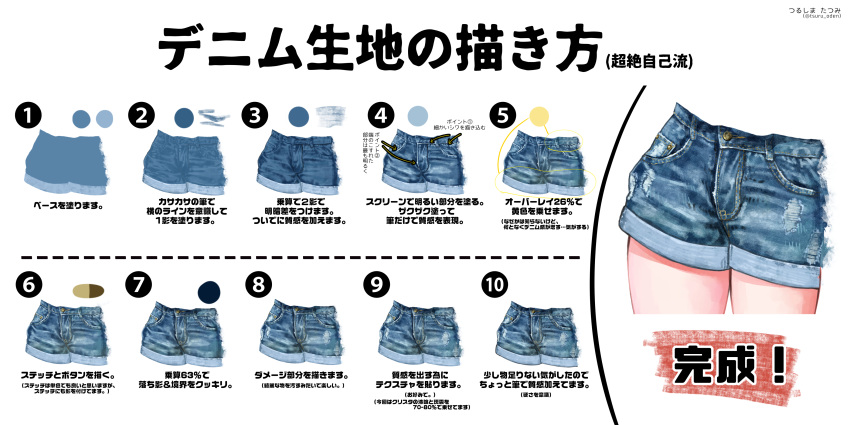 artist_name blue_shorts commentary_request denim denim_shorts directional_arrow highres how_to original out_of_frame pawoo_username rainys_bill short_shorts shorts simple_background text_focus thighs torn_clothes torn_shorts translation_request twitter_username white_background
