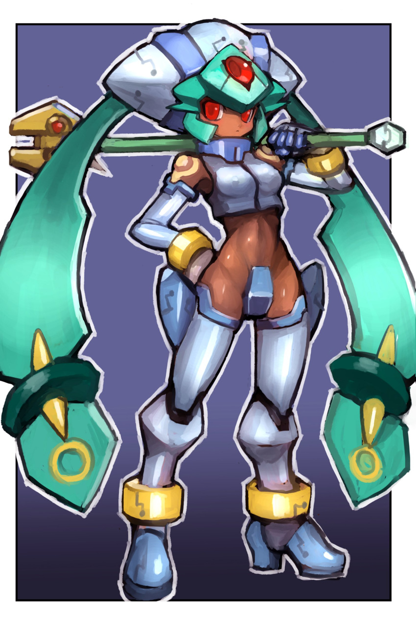 absurdres aqua_hair bare_shoulders bracelet breasts commentary_request cosplay crop_top crotch_plate dakusuta dark_skin detached_sleeves gradient gradient_background green_hair helmet high_heels highres holding holding_staff jewelry long_hair medium_breasts pandora_(rockman) pandora_(rockman)_(cosplay) power_armor red_eyes rockman rockman_dash rockman_zx simple_background solo staff standing thighhighs twintails weapon yuna_(rockman_dash)