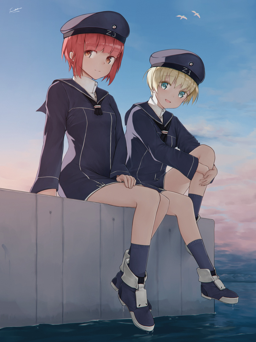 absurdres bird blonde_hair blue_eyes blush brown_eyes closed_mouth clothes_writing cloud commentary dress fancyark hat highres huge_filesize kantai_collection legs looking_at_viewer multiple_girls navy_blue_dress navy_blue_footwear navy_blue_hat navy_blue_legwear ocean open_mouth outdoors red_hair sailor_collar sailor_dress sailor_hat seagull shoes short_hair sitting sky smile socks water z1_leberecht_maass_(kantai_collection) z3_max_schultz_(kantai_collection)