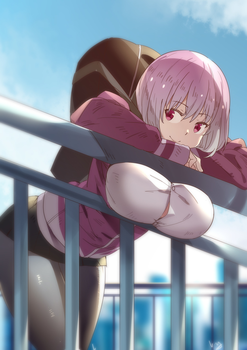 bangs bent_over black_legwear breasts button_gap closed_mouth collared_shirt commentary_request day eyebrows_visible_through_hair highres jacket large_breasts lavender_hair legs_together long_sleeves looking_at_viewer nanaya_(daaijianglin) off_shoulder open_clothes outdoors pantyhose purple_jacket red_eyes school_uniform shinjou_akane shirt short_hair skirt smile solo ssss.gridman white_shirt
