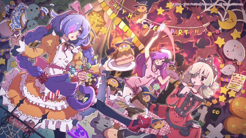 3girls alicianrone bare_shoulders blue_hair braid cake ceoreparque character_request crescent dress drill_hair food hair_between_eyes halloween halloween_costume hat jack-o'-lantern kagawa_yuusaku kiriko_(xmas_shooting) krilalaris long_hair looking_at_viewer multiple_girls night nurse nurse_cap official_art party purple_eyes purple_hair qp_shooting red_eyes short_hair smile strapless strapless_dress tree twin_braids twin_drills twintails