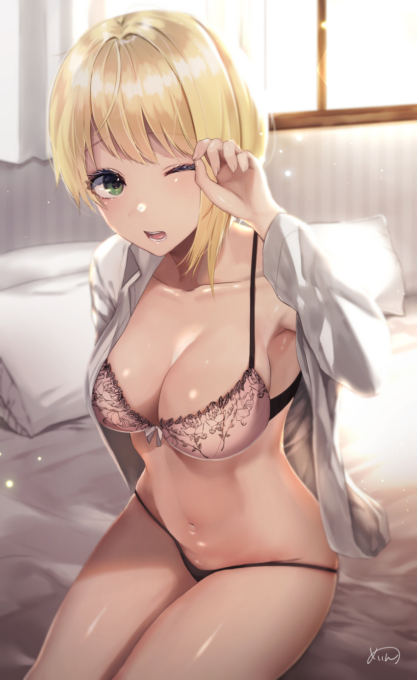 asymmetrical_hair bangs bed blonde_hair bra breasts cleavage collarbone commentary eyebrows_visible_through_hair green_eyes highres idolmaster idolmaster_cinderella_girls indoors large_breasts looking_at_viewer miyamoto_frederica morning navel no_pants one_eye_closed open_clothes open_mouth open_shirt pillow sakiryo_kanna shirt short_hair signature single_sidelock sitting solo underwear