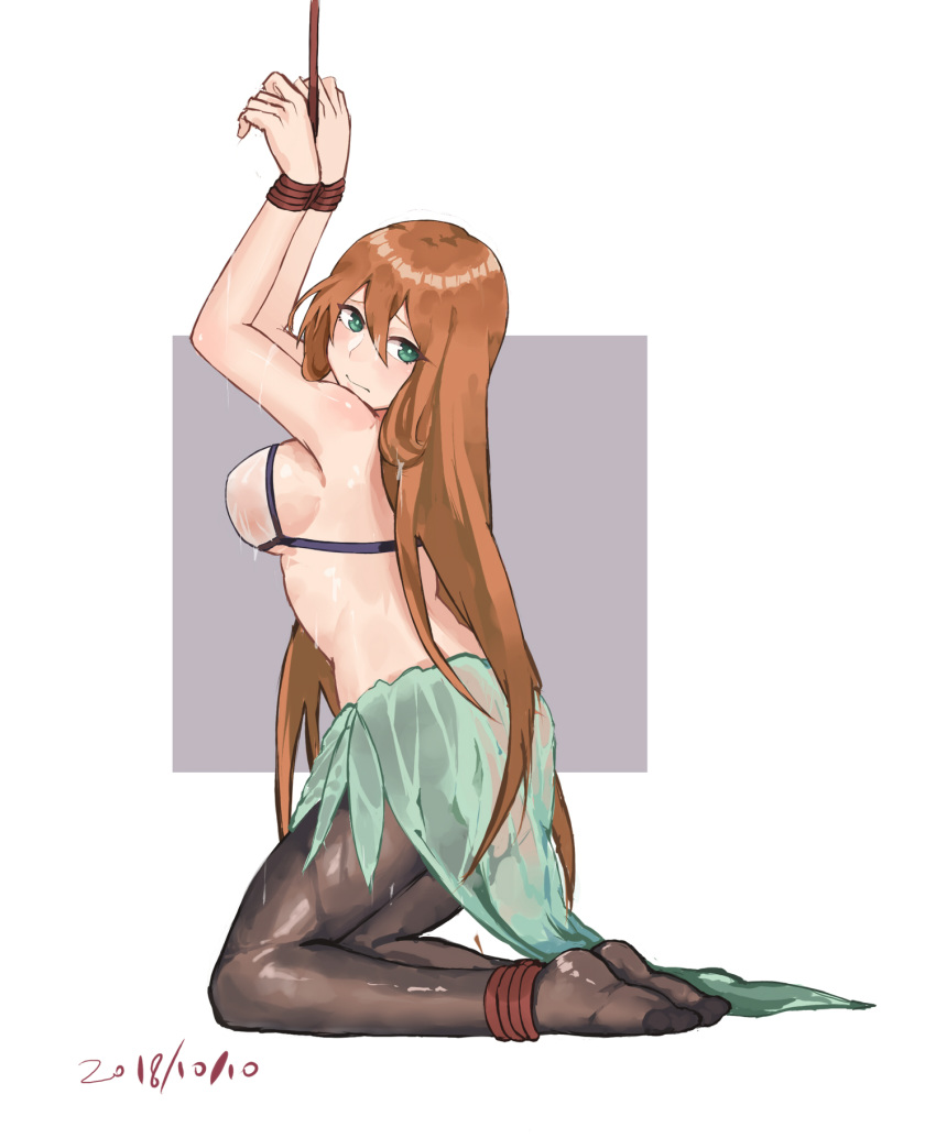 1girl amiba_(amiba00638239) arms_up bangs bare_shoulders bdsm bikini_top black_legwear blush bondage bound bound_ankles bound_wrists breasts brown_hair closed_mouth dated female from_side full_body girls_frontline green_eyes green_sarong hair_between_eyes hands_together highres kneeling large_breasts legs_together long_hair looking_to_the_side m1903_springfield_(girls_frontline) pantyhose rope see-through shiny shiny_clothes shiny_hair shiny_skin solo wet wet_clothes