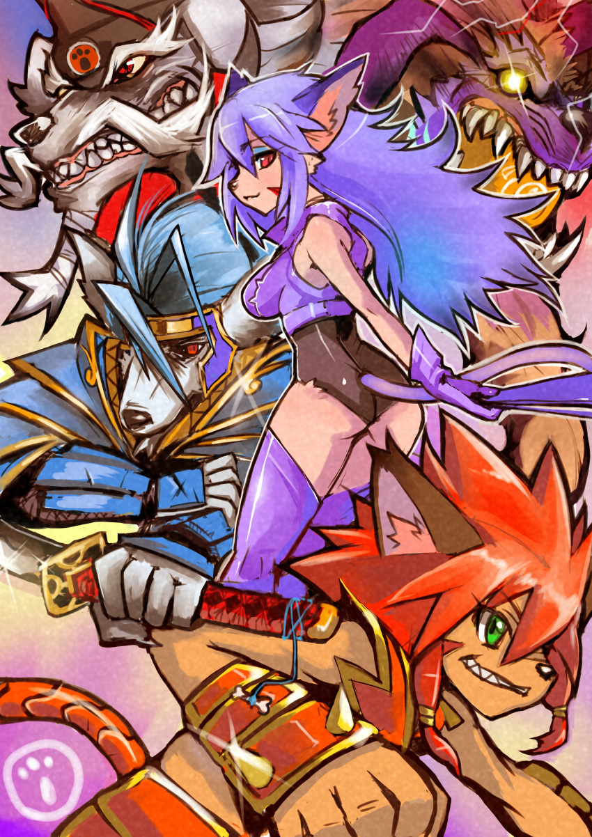 1girl 3boys absurdres animal_ears bangs bare_arms blue_eyeshadow blue_hair bruno_dondurma calua_napage cat_ears cat_girl cat_tail clenched_teeth dakusuta dog_ears facial_hair gloves gray_hair green_eyes gren_sacher grin hair_between_eyes highres holding holding_weapon katana long_hair looking_back multiple_boys mustache opera_kranz orange_hair purple_hair red_eyes smile solatorobo sword tail teeth weapon