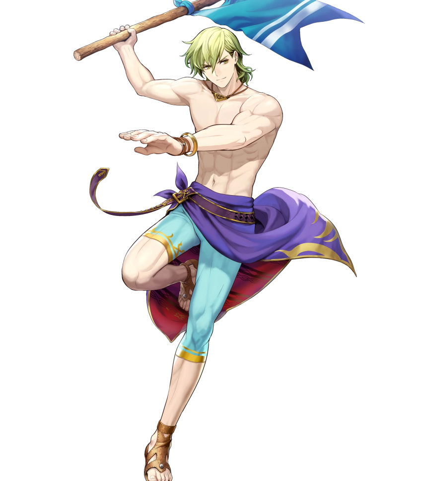 fire_emblem fire_emblem:_seima_no_kouseki fire_emblem_heroes flag full_body green_eyes green_hair highres innes looking_at_viewer male_focus mayachise official_art short_hair smile solo swimsuit transparent_background