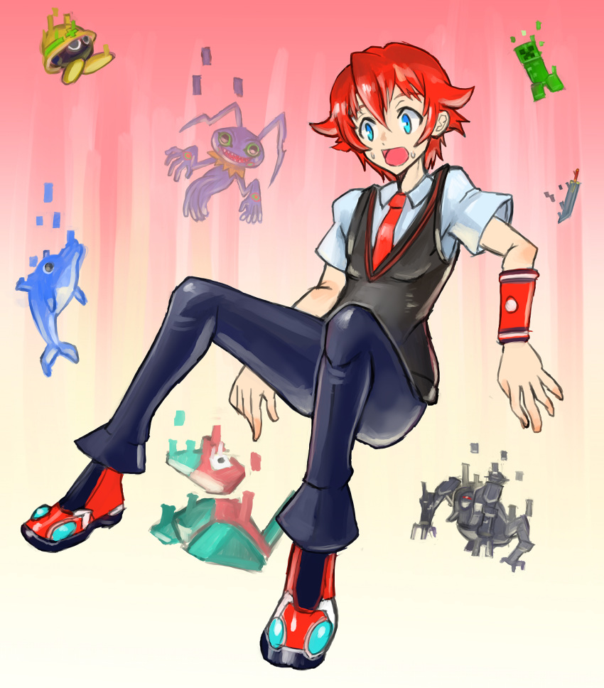 blue_eyes buster_sword creeper digimon dolphin falling final_fantasy gradient gradient_background hibiki_yuuta highres keramon male_focus metool minecraft necktie omega_(final_fantasy) oomasa_teikoku open_mouth pokemon porygon red_hair red_neckwear rockman school_uniform solo ssss.gridman sweatdrop sweater_vest