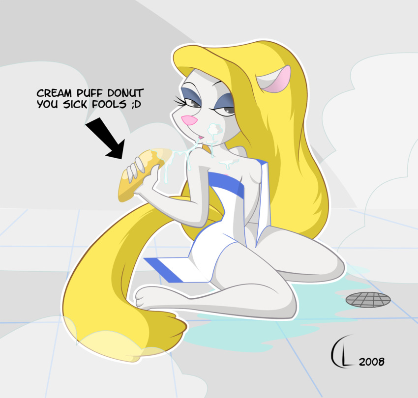 2008 animaniacs anthro bathroom blonde_hair breasts english_text eyelashes female food hair lltoon long_hair looking_at_viewer mammal minerva_mink mink mustelid naked_towel pink_nose sitting solo text towel warner_brothers