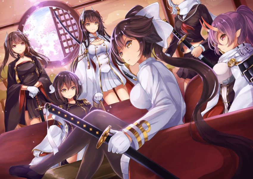 azur_lane bangs bell black_footwear black_jacket black_sailor_collar black_serafuku black_shirt black_skirt blue_sky bow breasts brown_eyes brown_hair brown_jacket brown_legwear brown_skirt cherry_blossoms closed_mouth commentary_request crossed_legs curled_horns day dutch_angle epaulettes eyebrows_visible_through_hair flower gloves hair_bell hair_between_eyes hair_bow hair_ornament hand_on_hilt hands_on_hilt haruna_(azur_lane) head_out_of_frame hiei_(azur_lane) high_ponytail highres holding holding_sheath horns indoors izumo_(azur_lane) jacket jingle_bell katana large_breasts loafers long_hair long_sleeves maya_(azur_lane) mikasa_(azur_lane) military_jacket multiple_girls neckerchief oni oni_horns own_hands_together pantyhose parted_lips petals pink_flower pleated_skirt ponytail profile purple_hair red_eyes red_neckwear round_window sagaradai sailor_collar scarf school_uniform serafuku sheath sheathed shirt shoes skirt sky sleeves_past_wrists smile standing sword takao_(azur_lane) tassel very_long_hair weapon white_bow white_gloves white_jacket white_scarf white_skirt wide_sleeves
