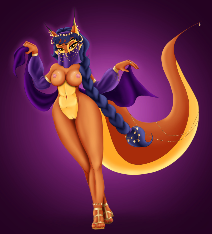 anthro astraldog belly_dancer blue_hair breasts canine carmelita_fox cleavage clothed clothing dancing female fox fur hair harem_outfit jewelry mammal nipples orange_fur pussy skimpy sly_cooper_(series) solo veil video_games