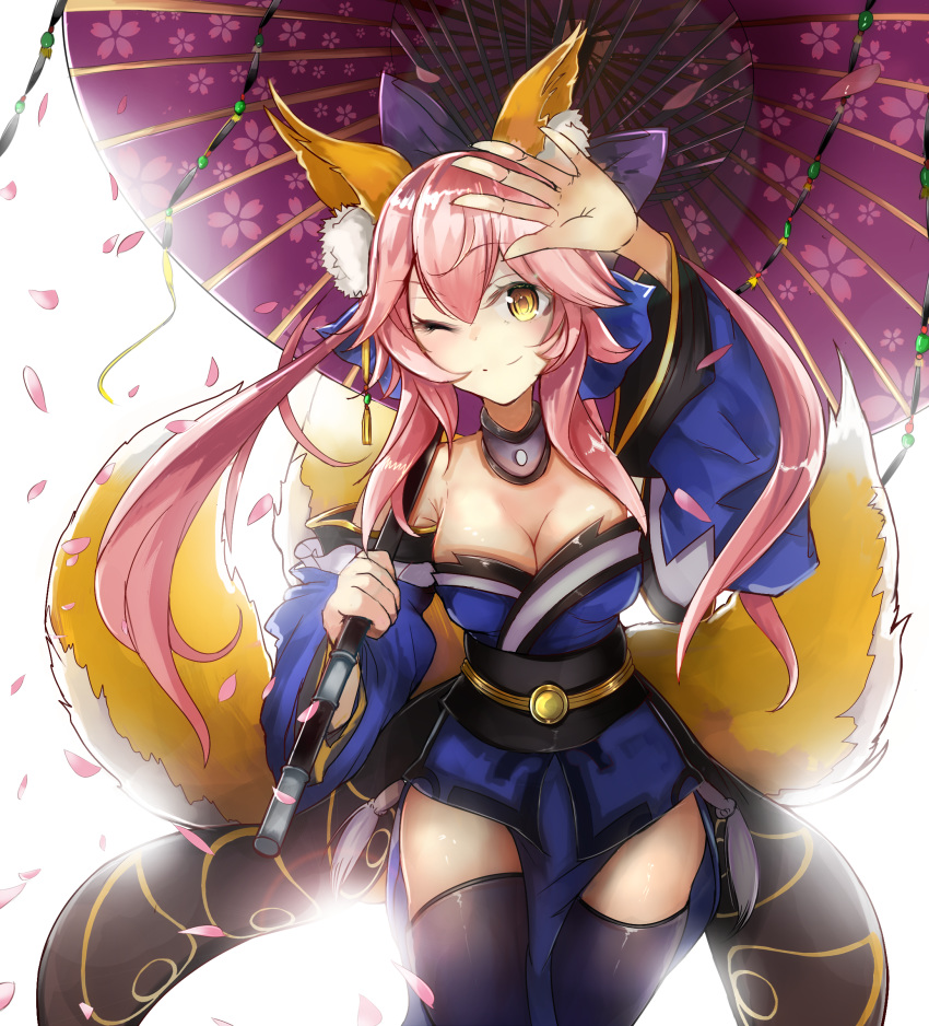 absurdres animal_ear_fluff animal_ears blue_legwear blue_ribbon breasts cleavage collarbone fate/extra fate/grand_order fate_(series) fox_ears fox_girl fox_tail hair_ribbon highres hot_(coolpointer37) japanese_clothes large_breasts long_hair looking_at_viewer multiple_tails one_eye_closed outdoors petals pink_hair ribbon simple_background solo tail tamamo_(fate)_(all) tamamo_no_mae_(fate) umbrella white_background yellow_eyes