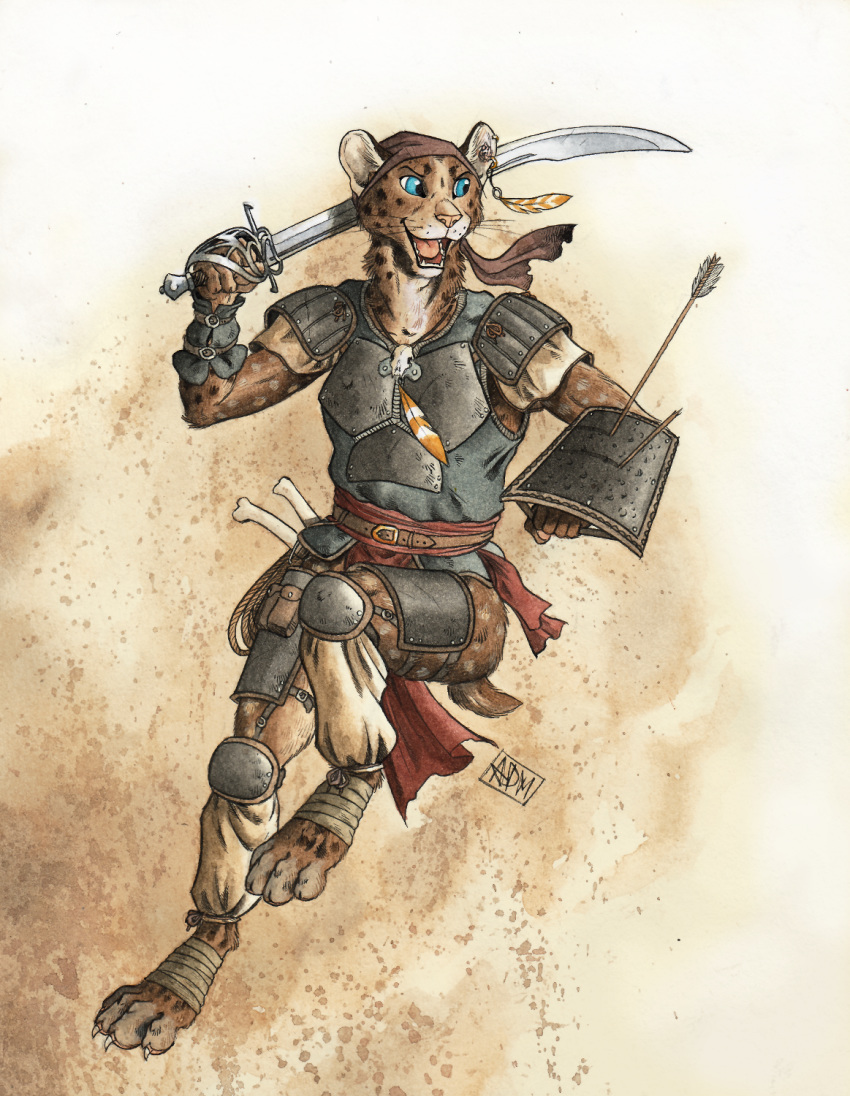 0laffson 2018 4_toes anthro armor clothed clothing digitigrade feline holding_object holding_weapon male mammal melee_weapon open_mouth serval smile solo sword teeth toes tongue traditional_media_(artwork) weapon